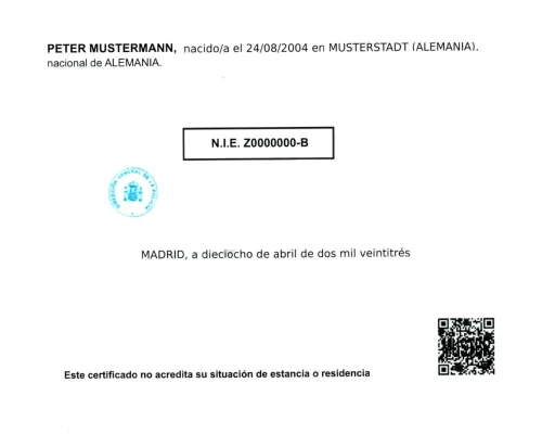 NIE Nummer Dokument NIE Zertifikat mit QR Code