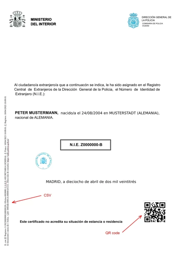 NIE Nummer Spanien Dokument NIE Dokument